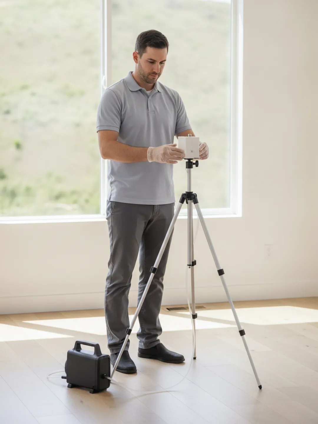 Mold testing technician collecting an air sample in a Thousand Oaks home