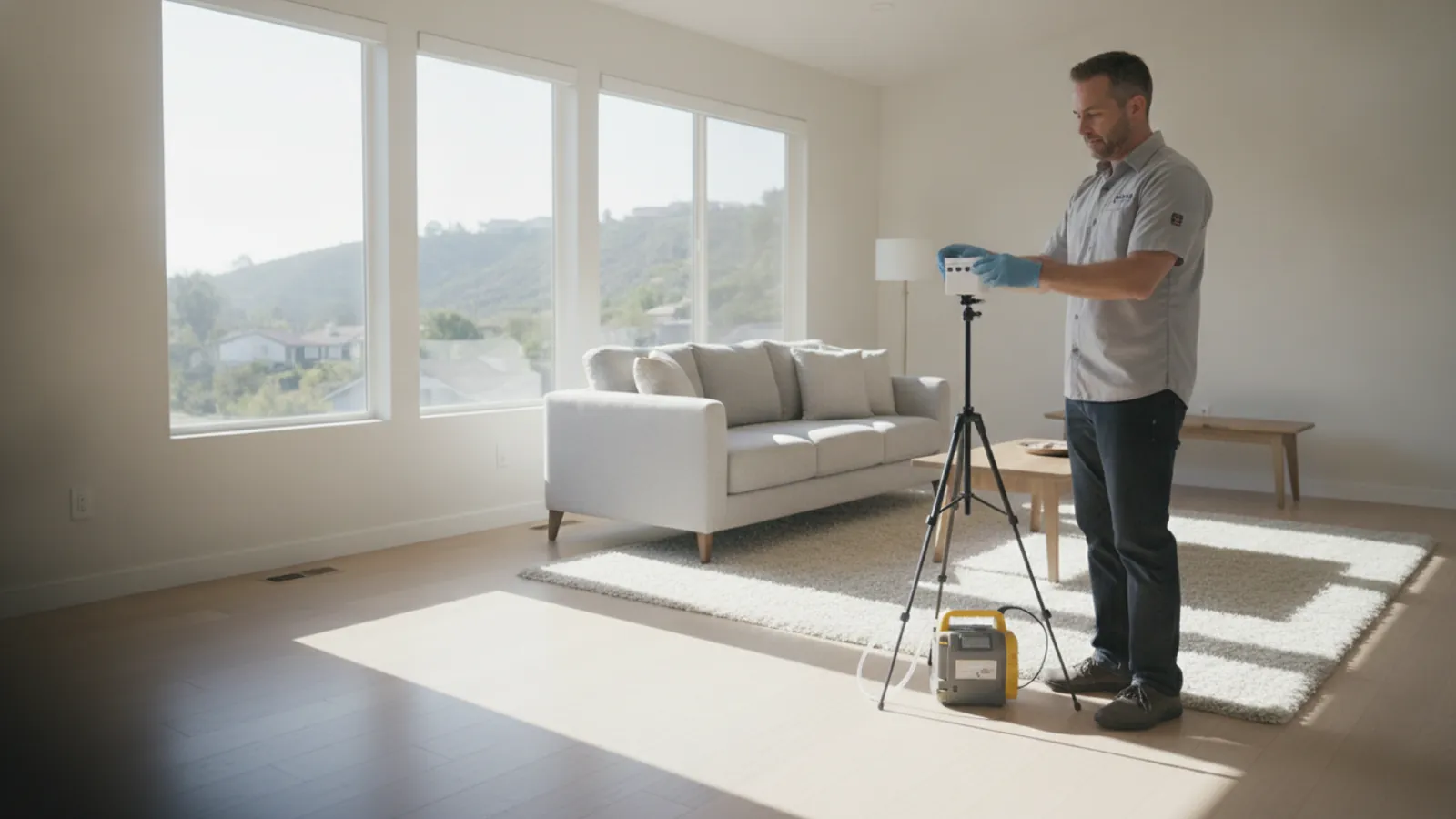 Mold testing technician collecting an air sample in a Thousand Oaks home