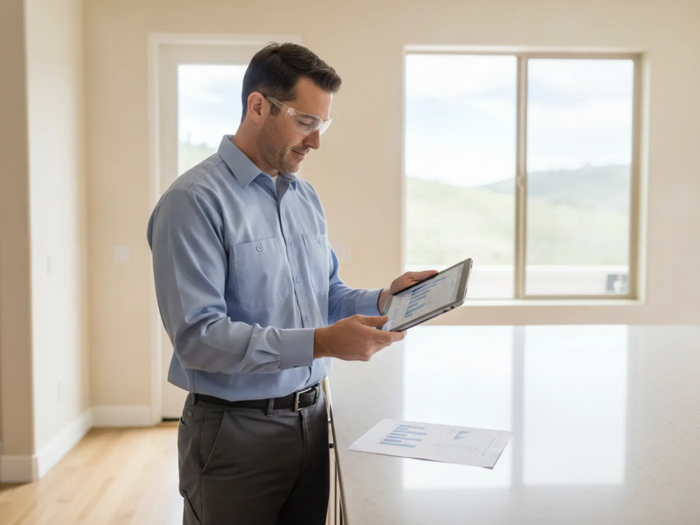 Technician reviewing an indoor-air-quality lab report in a Thousand Oaks home
